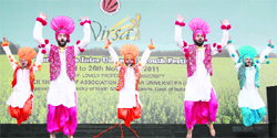 Students perform bhangra during Virsa at Lovely Professional University near Jalandhar.