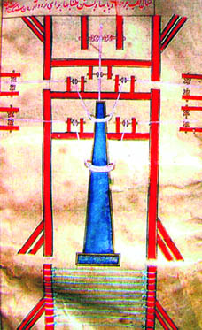 Transporting the Ashokan column. Illustration from a copy of the Sirat-i-Firoz Shahi, 1593-94. Khuda Bakhsh Library, Patna
