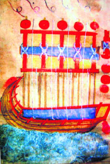 Transporting the Ashokan column. Another illustration from a copy of the Sirat-i-Firoz Shahi, 1593-94. Khuda Bakhsh Library, Patna