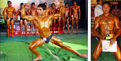 A participant (left) flexes his muscles at the body-building competition held at the Railway Dramatics Club in Parasram Nagar on Sunday; Ravi Kumar, who was declared Mr Bathinda, during the contest