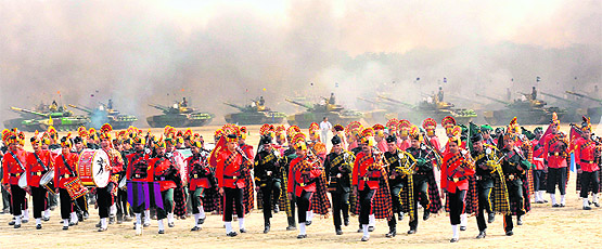 Military bands perform during the presentation of ‘Standards’ by President Pratibha Patil to five armoured regiments in Patiala on Sunday.