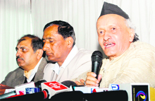 Former state Chief Minister Bhagat Singh Koshiyari addresses mediapersons in Dehradun on Sunday.