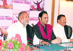 Lakhwinder Wadali flanked by Wadali Brothers during the promotion of their album”Naina De Buhe” at a hotel in Ludhiana