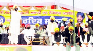Manpreet Badal addresses a rally organised under the banner of Sanjha Morcha in Tarn Taran on Sunday