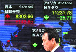 An electronic board showing the Nikkei stock and Dow Jones averages outside a brokerage in Tokyo on Monday. The Nikkei average climbed almost 2% on Monday, helped by climbs in US stock futures and by a report that the IMF was considering support for Italy as bond yields across the eurozone spiked to new highs.