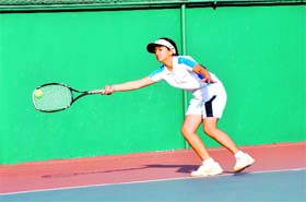 A player in action in the All-India Talent Series Tennis Tournament played at the Shanti Tennis Academy in Dehradun on Monday