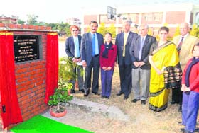 KS Jamestin (second from left), Director (HR), ONGC, after the foundation stone-laying ceremony of a sports complex at Him Jyoti School in Dehradun