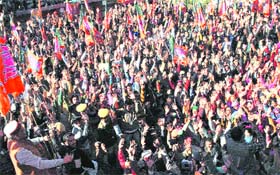 Chief Minister PK Dhumal at a rally at Sangarah in Nalagarh on Monday