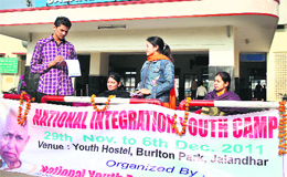 The reception counter set up to welcome participants for youth integration camp in Jalandhar on Monday.