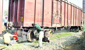 One of the two coaches of a goods train which derailed at Jalandhar city railway station today. Normal rail traffic remained unaffected as the coaches derailed at the time of shunting of the goods train in the yard. Sources said a departmental inquiry has been initiated in this regard. 