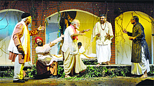 A scene from a play Chehre during the Punjab Theatre Festivel at Punjab Natshala in Amritsar. 