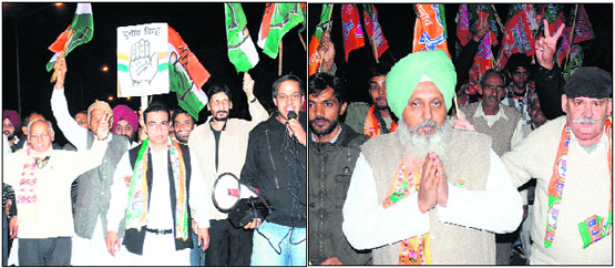 Congress candidate from ward No. 16 Harmohinder Singh Lucky campaigns in Sector 20; and (right) BJP candidate from ward No. 18 Satinder Singh woos voters in Sector 27, Chandigarh, on Tuesday.