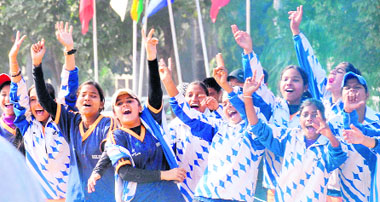 Delhi players celebrate their win in the softball national championship in Chandigarh on Tuesday.