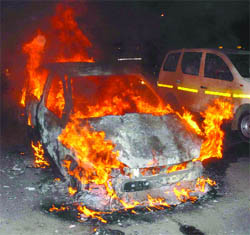 A Tata Indica car caught fire near Subroto Park in New Delhi last night.