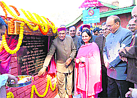 Chief Minister PK Dhumal lays the foundation stone of a car parking near the Lift in Shimla on Tuesday.