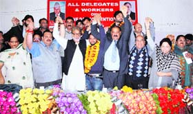 National Conference leaders at the party convention in Jammu on Tuesday