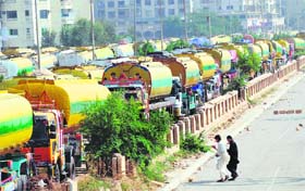 ENDLESS WAIT: NATO supply tankers parked near oil terminals in Karachi on Wednesday