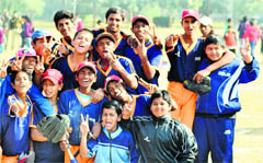 Delhi players in a jubilant mood after winning the softball championship in Chandigarh
