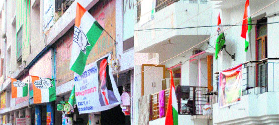 Hoarding and flags put up on shops in the Sector 21 market and a house in Sector 22, Chandigarh, in support of candidates contesting the forthcoming MC elections.
