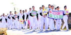 Students of St Soldier Nursing Training Institute, Khambra, take out an Aids awareness rally in Jalandhar on Wednesday