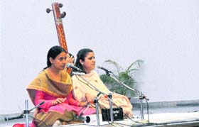 Dhrupad singers Aliya Rasheed (right) and Amita Sinha Mahapatra perform at BCM Arya School in Ludhiana on Wednesday