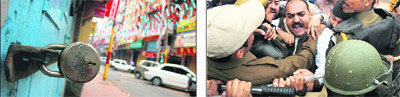 The Raghunath Market in Jammu remained closed on Thursday; (right) BJP supporters protest outside the Bharti Walmart store in Jammu