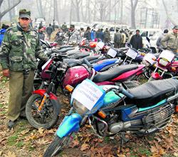 Motorcycles seized from gangs of thieves in Srinagar on Thursday