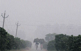 Women make their way through a thick blanket of fog in Ludhiana on Thursday morning. 