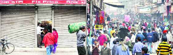 Shopkeepers in Chaura Bazaar partially keep their shops open; and (right) markets remain open in Ludhiana on Thursday.