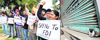 Members of the Punjab Students Union hold protest against FDI in the retail sector in Patiala; and (right) closed shutters in a market. 