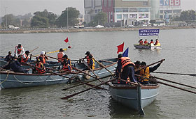 Cadets sailing on the GNDTP lake in Bathinda after the Chief Minister inaugurated a naval unit of the NCC on Friday.