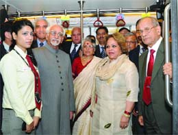 Hamid Ansari, Vice-President, with CMD of Metro E. Sreedharan travels from Central Secretariat to Vishwavidyalaya on the Metro on Friday.