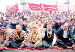Employees of the Uttarakhand Forest Development Corporation hold a relay hunger strike in Dehradun on Friday