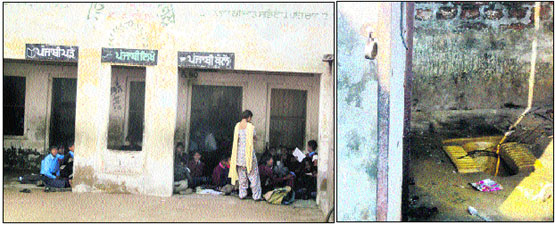 Students sit on the floor at Government Primary School; and (right) a toilet in a deplorable state in Jagraon.