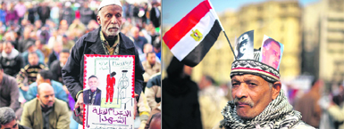 (Right) An anti-military rule protestor wears a hat holding portraits of former President Gamal Abdel Nasser in Cairo; and (left) a demonstrator holds a sign depicting an execution and reading "Whoever kills will be killed" during a rally against the military at Tahrir Square in Cairo on Friday