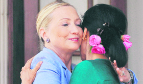 Pro-democracy Opposition leader Aung San Suu Kyi (R) and US Secretary of State Hillary Clinton at the former's residence in Yangon on Friday. 
