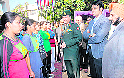 GOC of Vajra Corps Lt Gen Sanjeev Madhok interacts with trainees at the District Sainik Welfare Office in Jalandharon Saturday. 