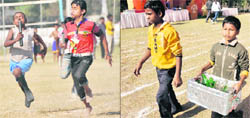 Children run barefoot; (and right) a few made to carry empty cold drink bottles at a kitty party organised in a club a few meters away from the venue of the annual sport meet at SCD Government College in Ludhiana