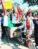 Rajindra Hospital Joint Action Committee members during a protest in Patiala