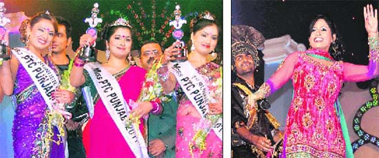 The winners with the trophies and (right) Punjabi singer Miss Pooja performs at the finals of Miss Punjaban in Jalandhar on Saturday