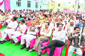 Sarpanches, panches and prominent persons of the area attend a police-public meet on suicides, at Majakta in Udhampur on Saturday. 