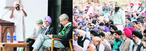 PPP president Manpreet Singh Badal interacts with a gathering; and (right) Bir Inder Singh Sidhu, president, PAU Students Association, asks a question to the leader in Ludhiana.