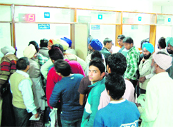 Applicants queue up at a Suwidha Centre in Amritsar as work resumed on Monday. 