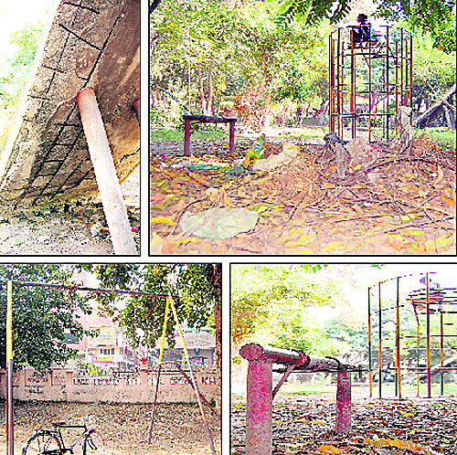 Citys pride, the Gole Bagh and Ram Bagh, have become a source of concern because of their dilapidated condition. These recreational areas are in dire need of upkeep.(Clockwise) A slide at Childrens Park in Ram Bagh Garden needs repair; ; a broken sea-saw at the childrens park at Gole Bagh and iron angles stand without swings at the historic Ram Bagh Garden in Amritsar.