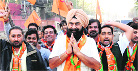 SAD-BJP candidate Jagjit Singh Kang seeks support in Chandigarh on Monday.