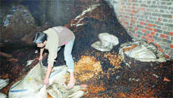 A labourer removes the debris from the almond godown that caught fire in East Delhi