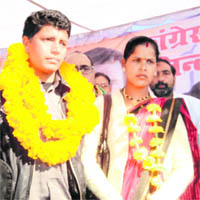Sunita Devi, BJP Chairperson of the Zila Panchayat, who joined the Congress during a Youth Congress rally at Pithoragarh on Monday