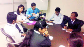 A group discussion under way during a placement drive at Geeta Institute of Management and Technology, Kanipla.