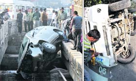 An SUV in the middle beams of Sidhwan Canal bridge on the Pakhowal road in Ludhiana on Monday