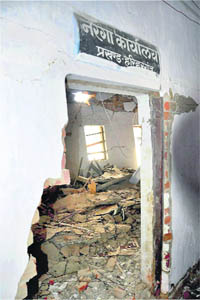 A view of the block office that was blown up by the Maoists at Harihar Ganj in Jharkhand on Monday